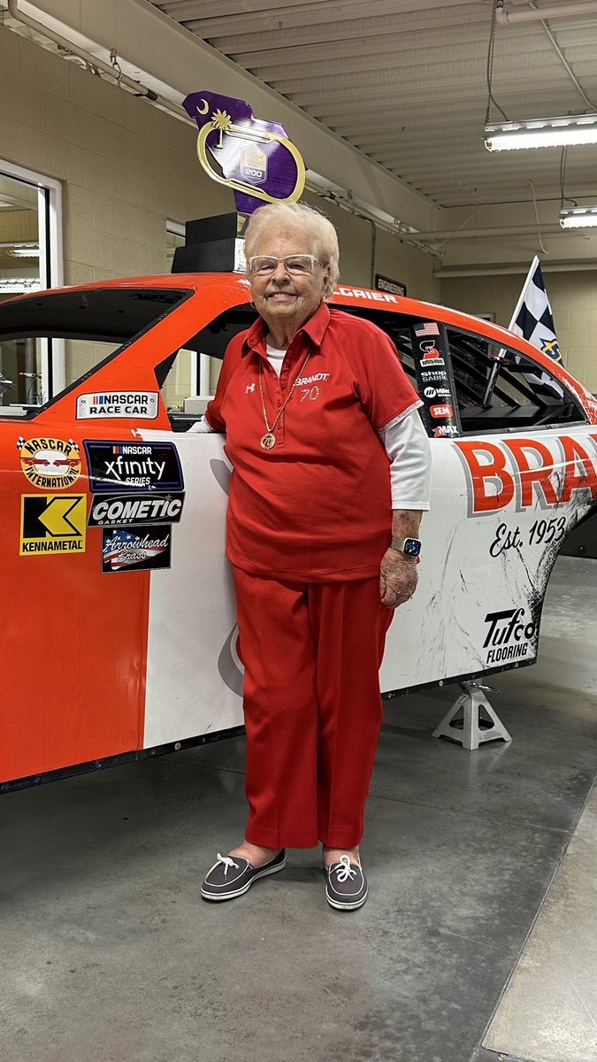 Celebrating our win today with a VERY special guest. Evelyn Brandt, one of the co-founders of @BRANDT_co, is here to help us celebrate Justin’s win from Darlington!