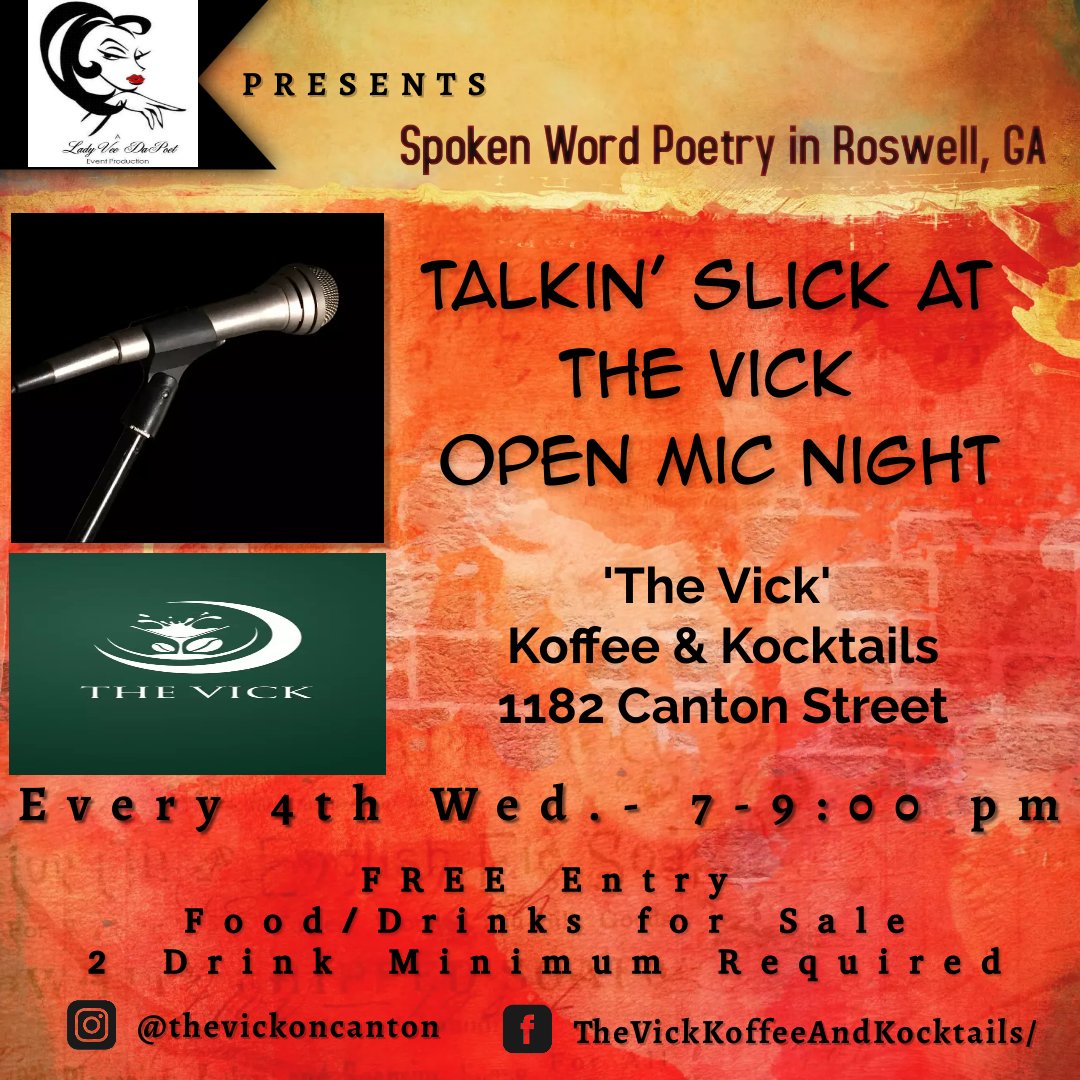 🌟🎙️ Let your words ignite the night and your music set the mood! 🎶 Talkin Slick at The Vick is where dreams meet reality in a fusion of spoken word and acoustic magic. See you there! Wednesday, May 22nd #PoetryAndMusic #OpenMicNight