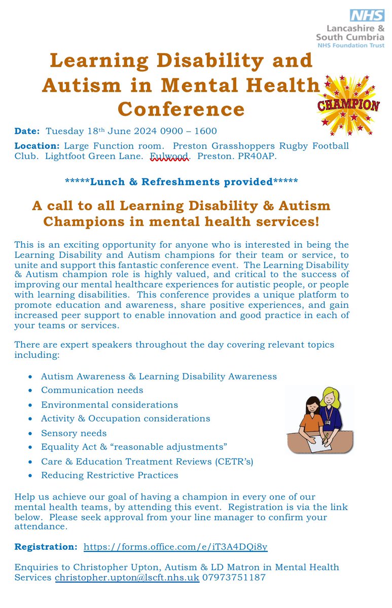 A call to all LSCFT mental health nurses! If you have a passion or interest in caring for your autistic patients, or those with learning disabilities, please register for a place at this event. We are recruiting champions. Registration:  forms.office.com/e/iT3A4DQi8y
