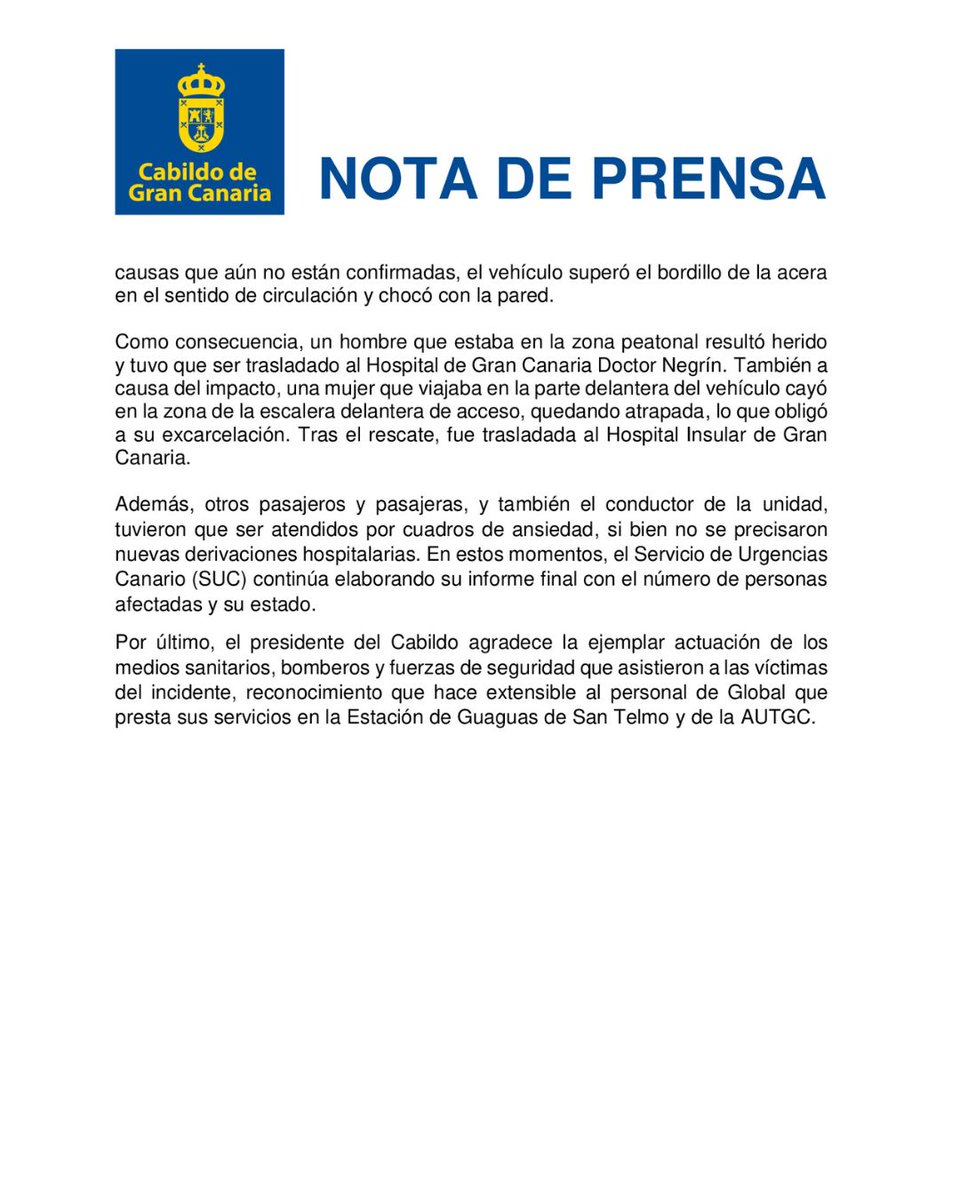 Mostramos nuestra solidaridad con las víctimas del accidente de la guagua de Global en San Telmo y permanecemos atentos a su evolución.