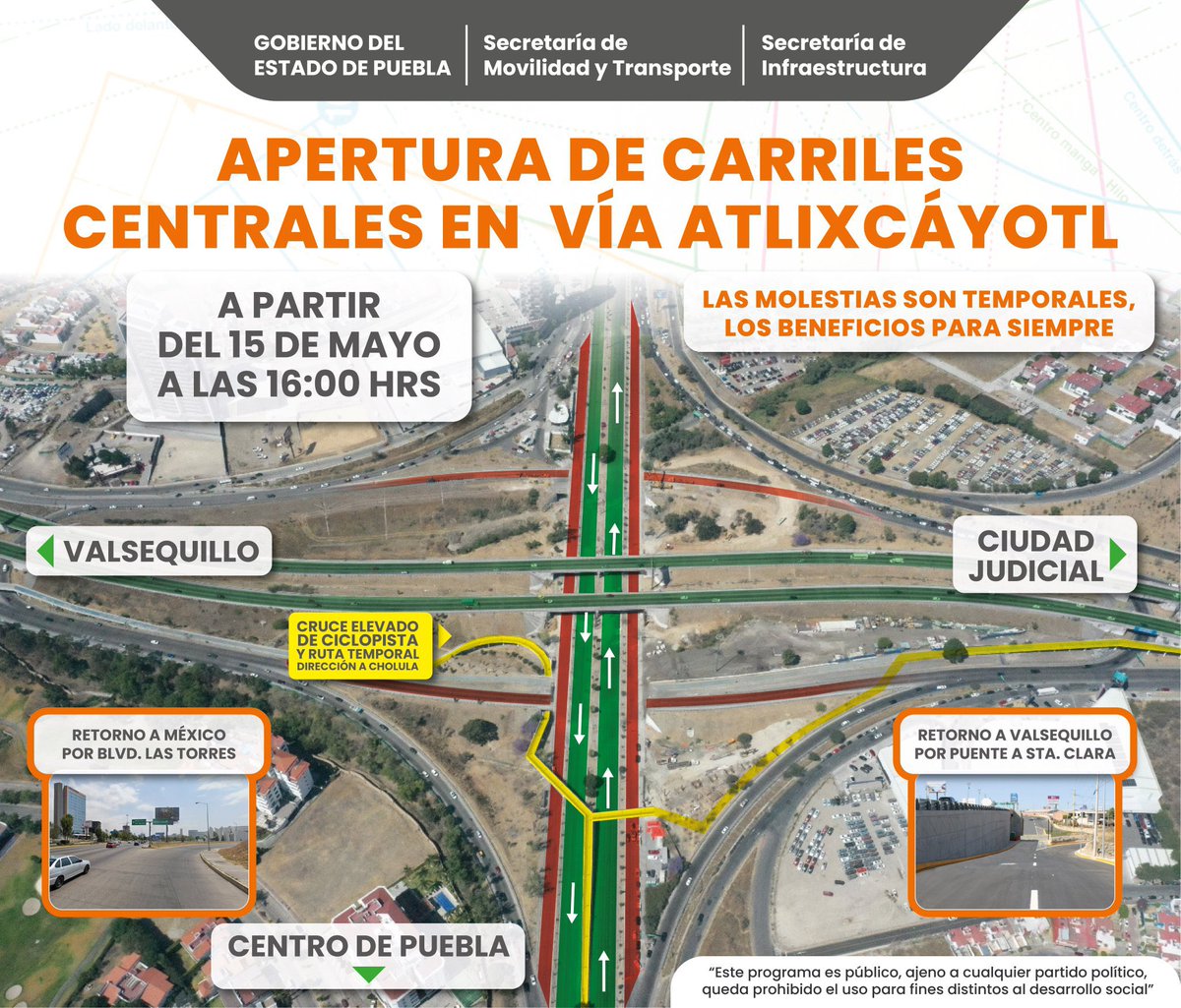 🛣️ A partir del 15 de mayo a las 16:00 horas se abrirá la circulación vehicular de los carriles centrales de la Vía Atlixcáyotl, optimizando la movilidad en la zona. ¡Conduce con precaución!