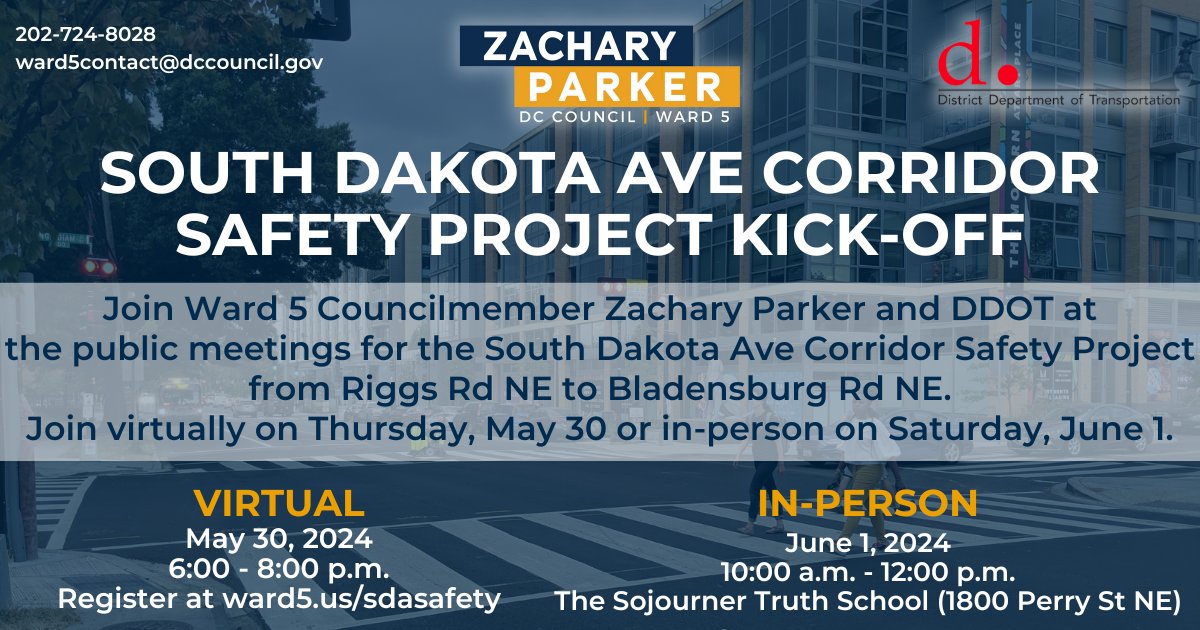 Just announced: the South Dakota Ave Safety Study is finally kicking off! Many neighbors have interacted with my office as I have long advocated for needed improvements to this critical Ward 5 corridor. Join us virtually (May 30) or in-person (June 1). content.govdelivery.com/accounts/DCWAS…