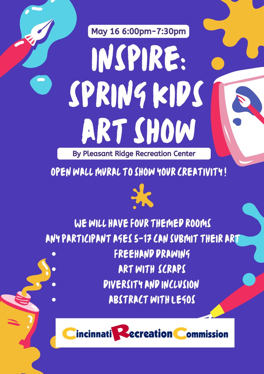 Pleasant Ridge is having Inspire: Spring Kids Art Show, TOMORROW 5/16/24 from 6:00pm-7:30pm (5919 Ridge Ave., Cinti., OH 45213). Fire On High Organic Food Truck will have food that you all can purchase. Please come out and have a great time with us!!