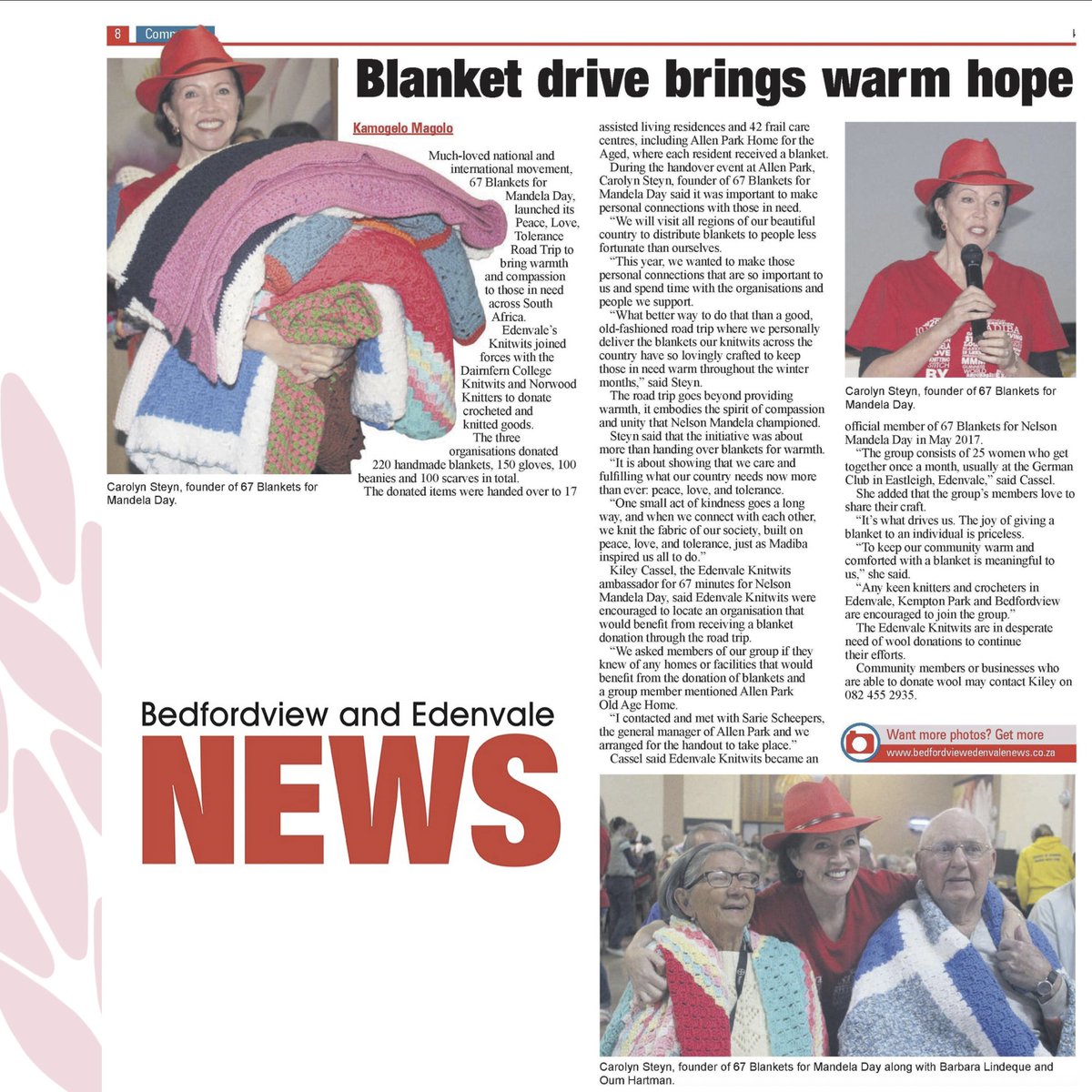 Blanket drive brings warm hope.
By Kamogelo Magolo.

Read full article below.

Thank you to the <a href="/BedfordEdenvale/">BedfordEdenvaleNews</a> News for your AMAZING blanket coverage.

#67Blankets
#peacelovetolerance
#SharingTheWarmth
