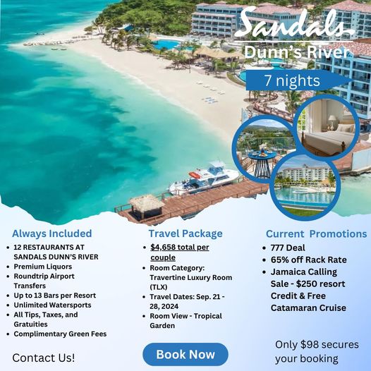 Sandals Dunn's River.

Enjoy a Travertine Luxury Room (TLX) for 7-nights, arriving 9/21/24 only $4,658 per couple!

Includes a FREE Catamaran Cruise & $250 Resort Credit!

Hurry, before this deal ends May 21st!! 🏝️🇯🇲

Link in bio to book! #sandalsresorts #wwdtravelal