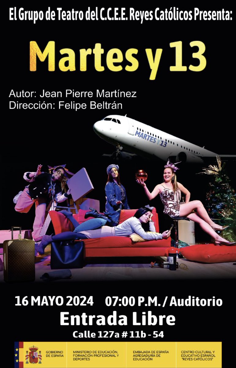 El próximo jueves día 16 de mayo, tendrá lugar la representación de la obra de teatro “Martes y 13”. Se trata de una puesta en escena de la obra de Jean Pierre Martínez, dirigida por Felipe Beltrán. ¡Todos invitados a participar! 🤩