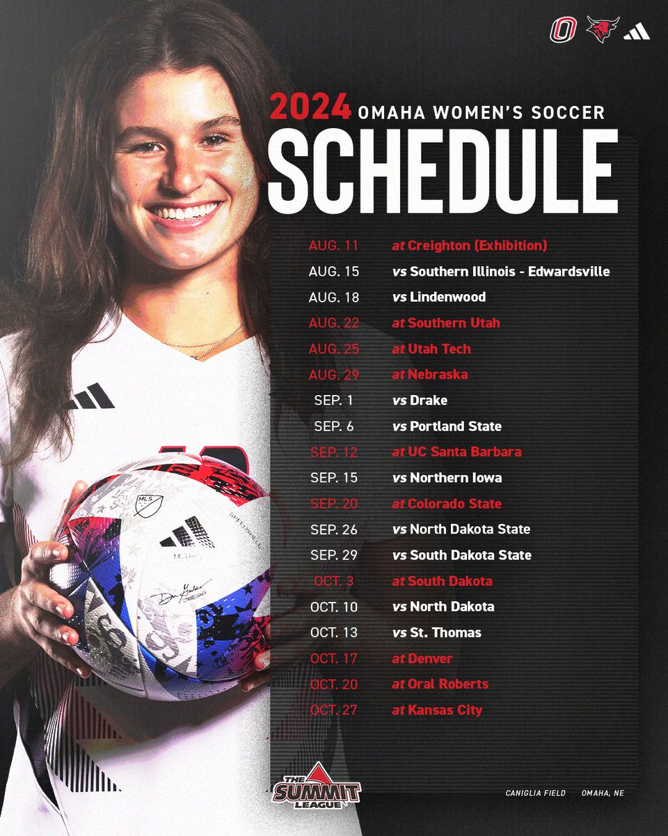 Would you look at that! It's the 2024 schedule!👀

You can catch the 2022 Summit League Champions at Caniglia Field 9⃣ times this season!

📰: tinyurl.com/37wrf2z3
🎟️:am.ticketmaster.com/uno/soccer

#OmahaWSOC