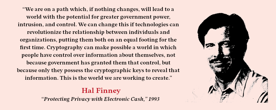 JUST ADDED: “Protecting Privacy with Electronic Cash” (1993) by @halfin In this prescient and timely article, Hal Finney shows how we can use cryptography to build a more private economy on public networks using electronic cash. nakamotoinstitute.org/library/protec…