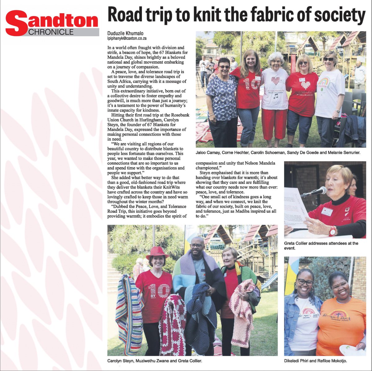 Road trip to knit the fabric of society.
By Duduzile Khumalo.

Read full article below.

Thank you to the <a href="/Sandton_News/">Sandton Chronicle</a> for your AMAZING blanket coverage.

#67Blankets
#peacelovetolerance
#SharingTheWarmth