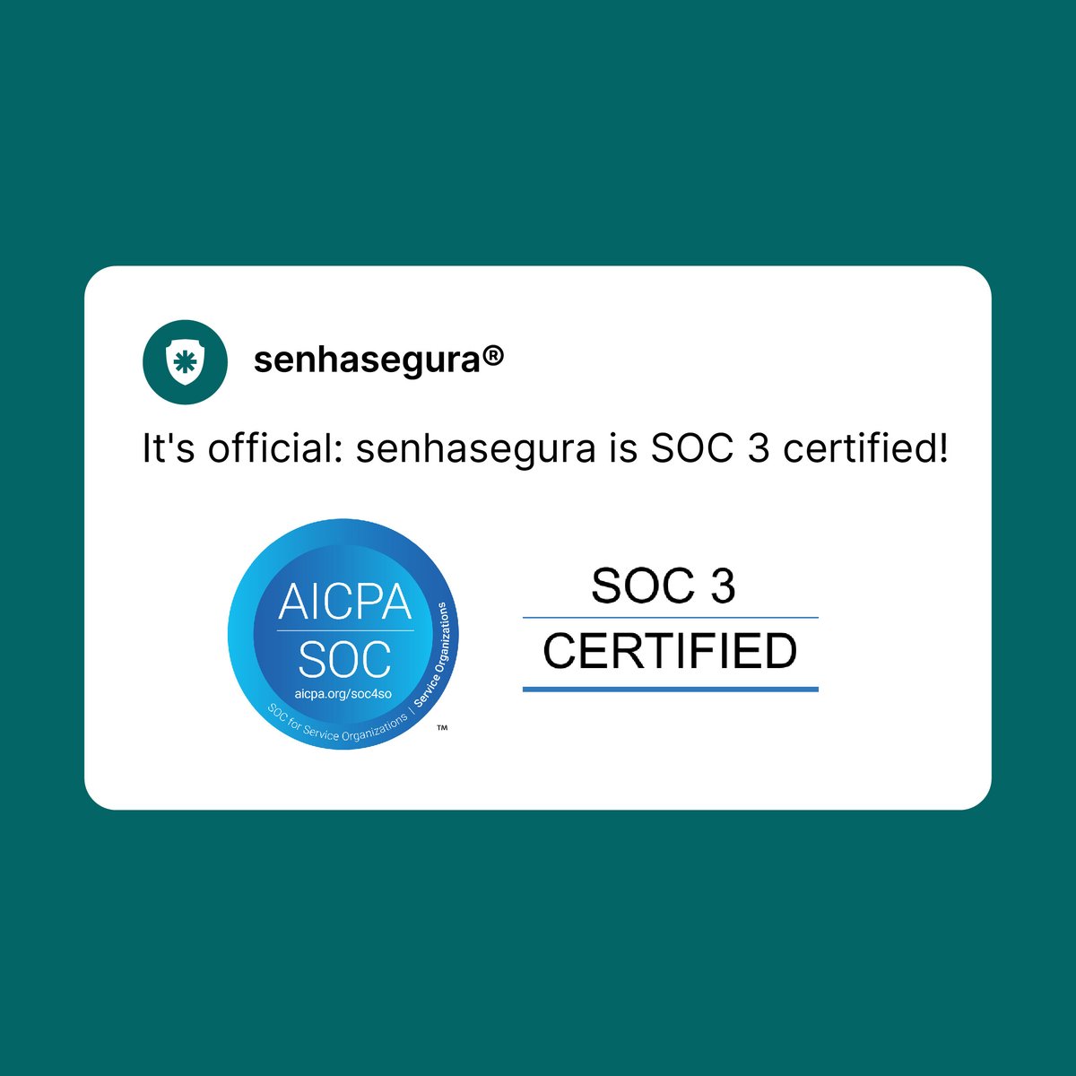 It's official: senhasegura is SOC 3 certified!

With SOC 3 now added to SOC 2, we're reinforcing our position as leaders in information security in the market.

Check out more details on our Trust Center: 
hubs.ly/Q02x9tCc0 

#CyberSecurity #SOC2 #SOC3 #senhasegura