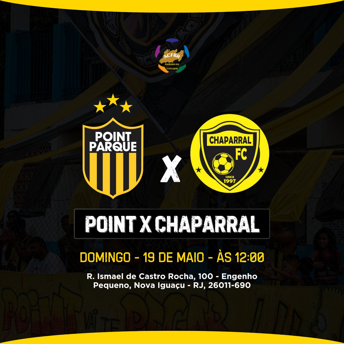 É DOMINGO !!!

Já garantido na segunda fase da competição iremos visitar a equipe do Chaparral. 

Contamos com as presença de todos. 

O POINT VAI TE PEGAR 🙅‍♂️⚫🟡🏴
