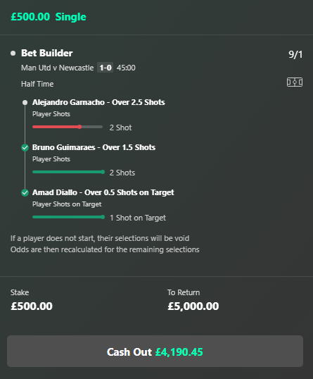 MY CASH OUT IS £4,190 TO WIN £5,000 AFTER 40 MINUTES! 👀

WE ONLY NEED A GARNACHO SHOT! 🔥

If this wins I'll give £500 to 3 people who ♥️ this tweet!

CASH OR STICK? 😜