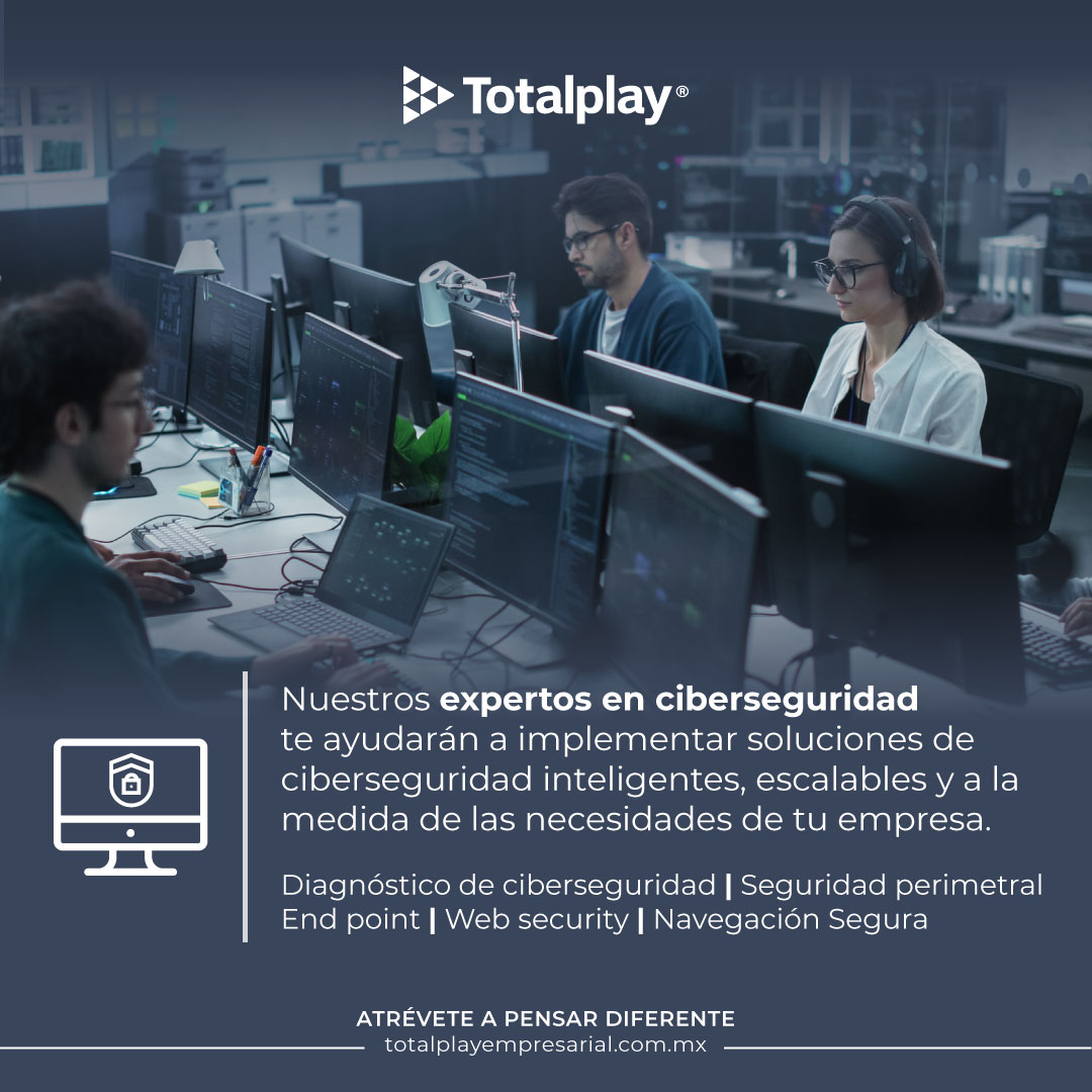 Protege y mejora la seguridad en el flujo de información de tu organización de la mano de los expertos en ciberseguridad de la Unidad Empresarial y de Gobierno de Totalplay.

Conoce más en totalplayempresarial.com.mx/ciberseguridad… o llamando al 800 188 0002.