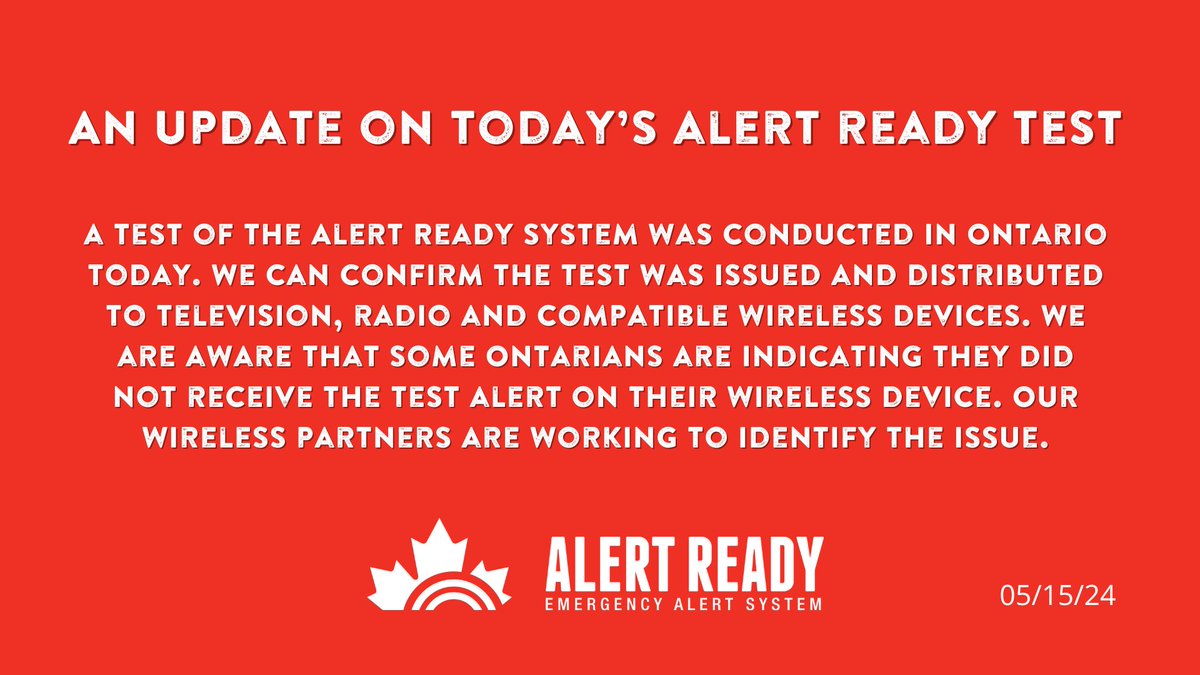 AlertReady's tweet image. Today&apos;s #TestAlert in #Ontario is a great example of why we test our system. It allows us to ensure it is working as intended and to learn what areas need adjustments  – in order to continuously enhance the system. Ongoing testing is an important step to ensure safety for all.