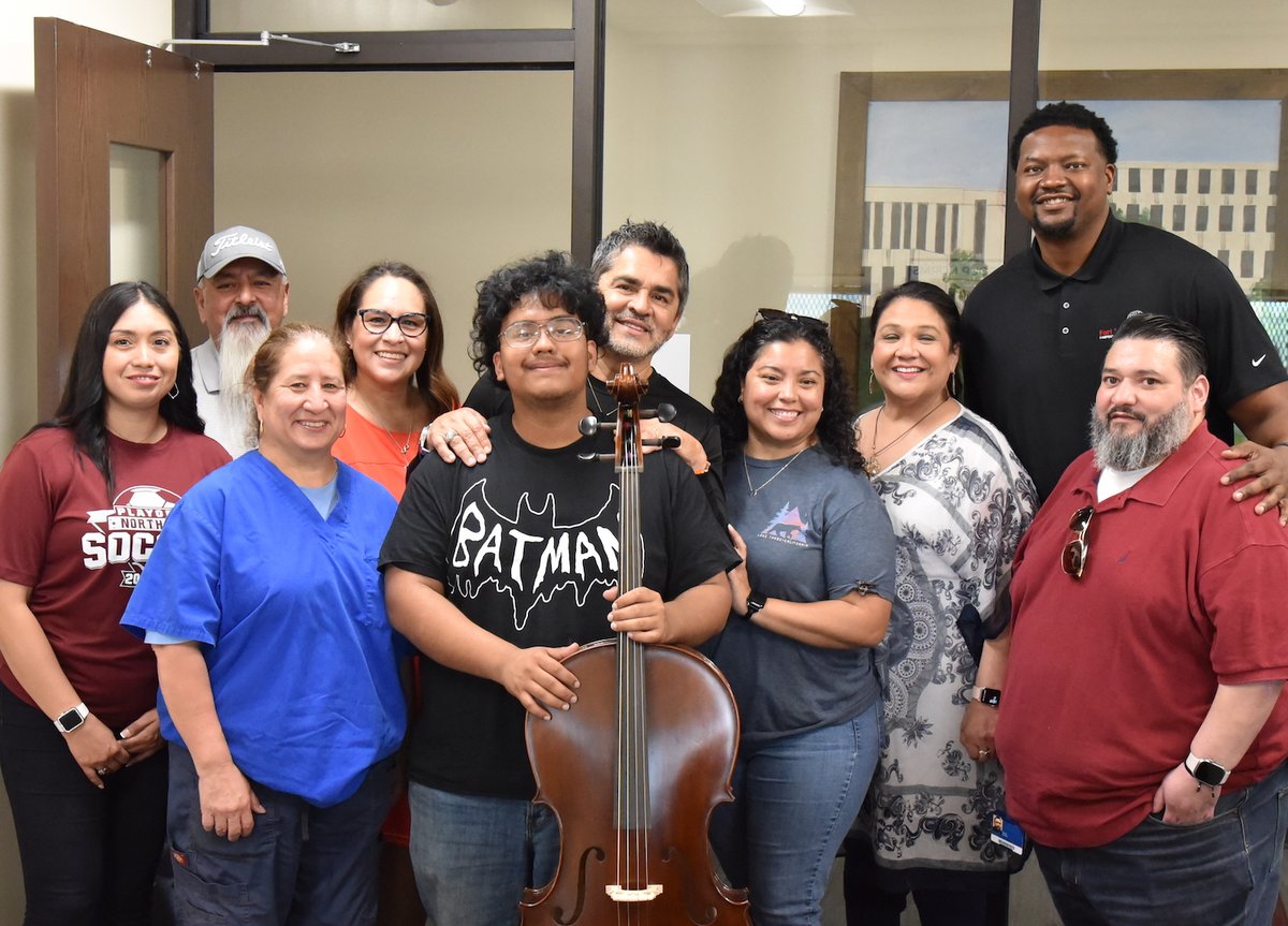 Damian Flores, recipient of the Ben Castañeda Scholarship for 2024, was gifted a cello by North Side alumna Stefanie Martinez. Damian will attend Texas Wesleyan University on a full-ride scholarship, studying Music Education. His goal is to return to NSHS one day to teach music!