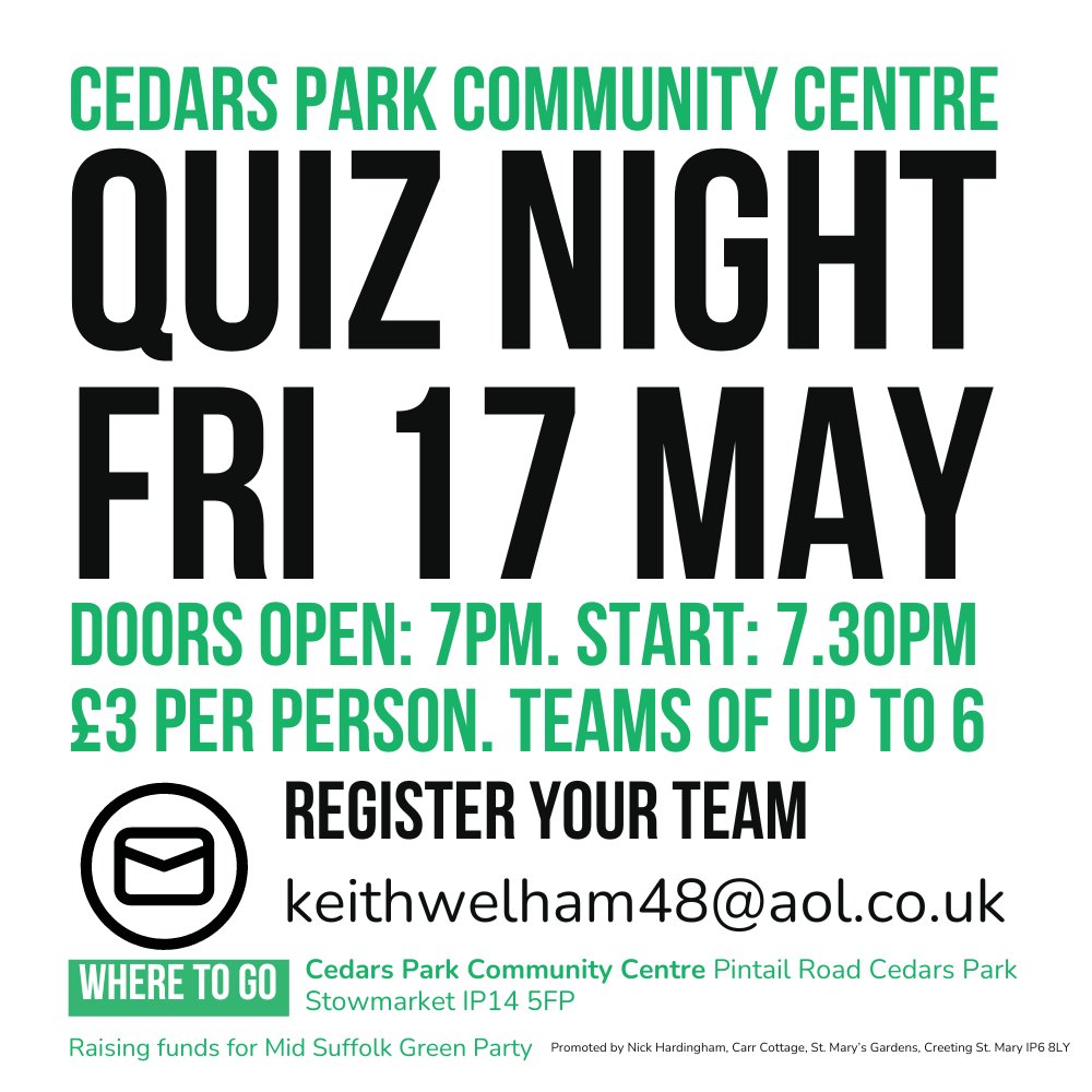 📜 Your Green #Stowmarket councillors are holding a quiz night on Fri 17 May for the whole community, with doors open 7pm, quiz 7.30pm, and exciting prizes! £3pp, teams of up to six.

✏️ Register team by emailing keithwelham48@aol.com

Or  come along and join a team on the night.