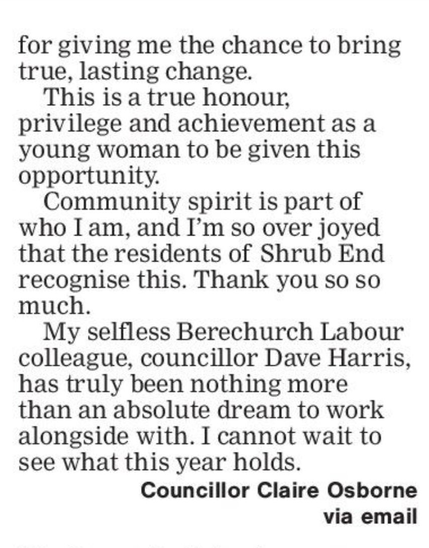 Great letter from @ColchesterLab newest City Councillor Claire Osborne in @TheGazette. Shrub End has chosen a fresh start and Claire is set to achieve lots for Shrub End Ward alongside @CllrDaveHarris.