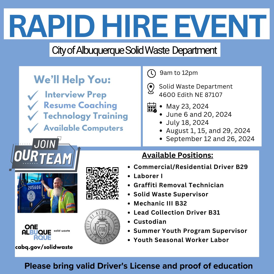 📅 Mark your calendar for our upcoming rapid hire dates! We have 70+ positions available for immediate hire at the Solid Waste Department. ow.ly/EGGn50RGjtI . . . #OneAlbuquerque #KeepABQBeautiful #SolidWasteDepartment #RapidHIre