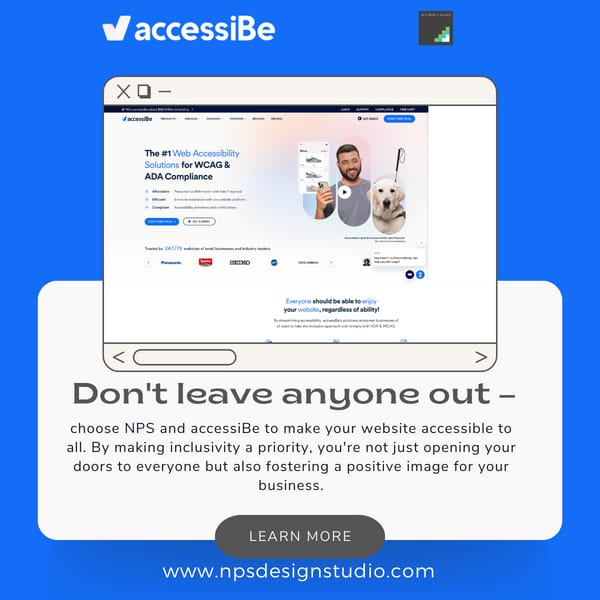 Ensure your website's message reaches all customers with accessiBe from NPS. Make accessibility a priority. Inclusivity is good for business. #InclusiveWeb #AccessForAll #NPSDesignStudio #SmallBusinessSupport