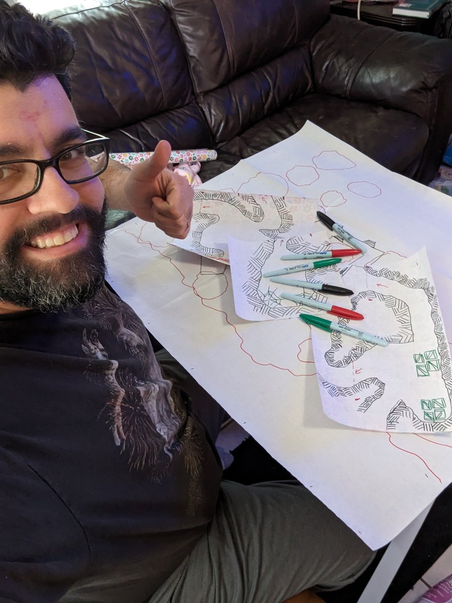 AssaftheDM's tweet photo. Maps prepped! NPC statblocks prepped. Plot notes noted. I think I'm ready for Sunday's #pathfinder game session! Wrapping paper is an awesome map tool.
#ttrpg #dnd #pathfinder2e https://t.co/aQaUep051K
