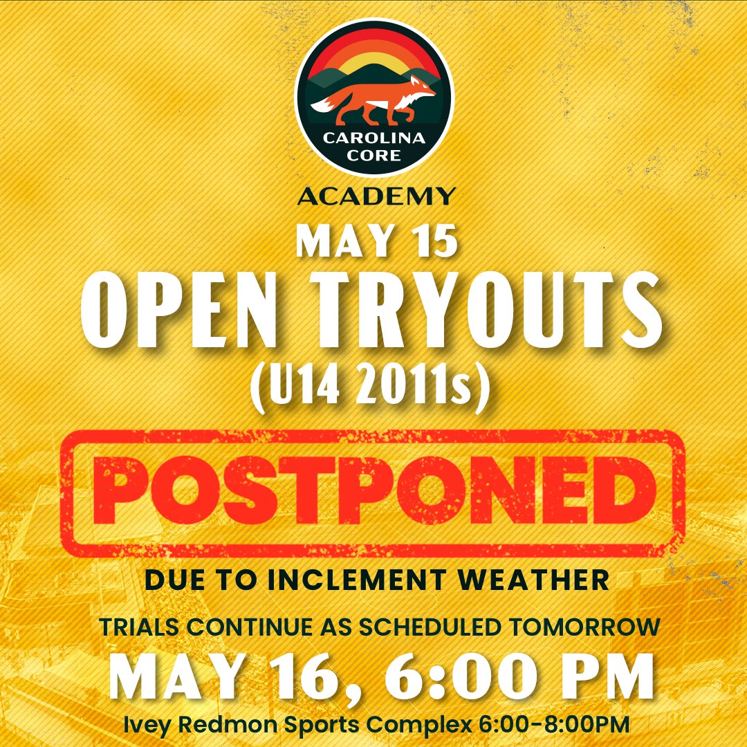 CCFC_Academy's tweet photo. Tonight’s CCFC Academy Open Tryouts have been postponed due to weather. All registered players will be notified via email with updates regarding future information. Open trials tomorrow will continue as previously scheduled. https://t.co/50TwVtp6Gf