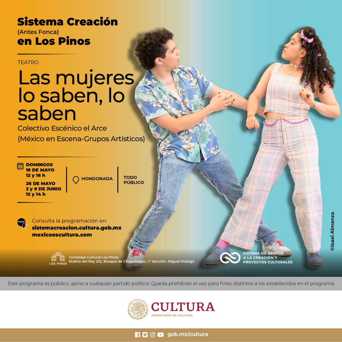 🎭Clitandro y Enriqueta se aman y bailan muy bien las cumbias. Disfruta su historia de amor en “Las mujeres lo saben, lo saben”, obra del @ColectivoElArce (México en Escena).

📅19 y 26 de mayo
📍@CC_LosPinos
🎟Entrada libre

#ChapultepecNaturalezaYCultura
@cultura_mx