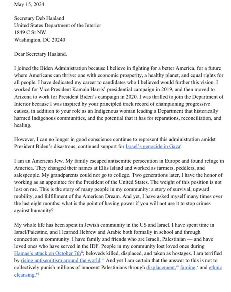 LGreenbergCall's tweet image. Today, I became the first Jewish-American political appointee to resign from the Biden-Harris administration over its policies in Gaza. Here is my resignation letter: