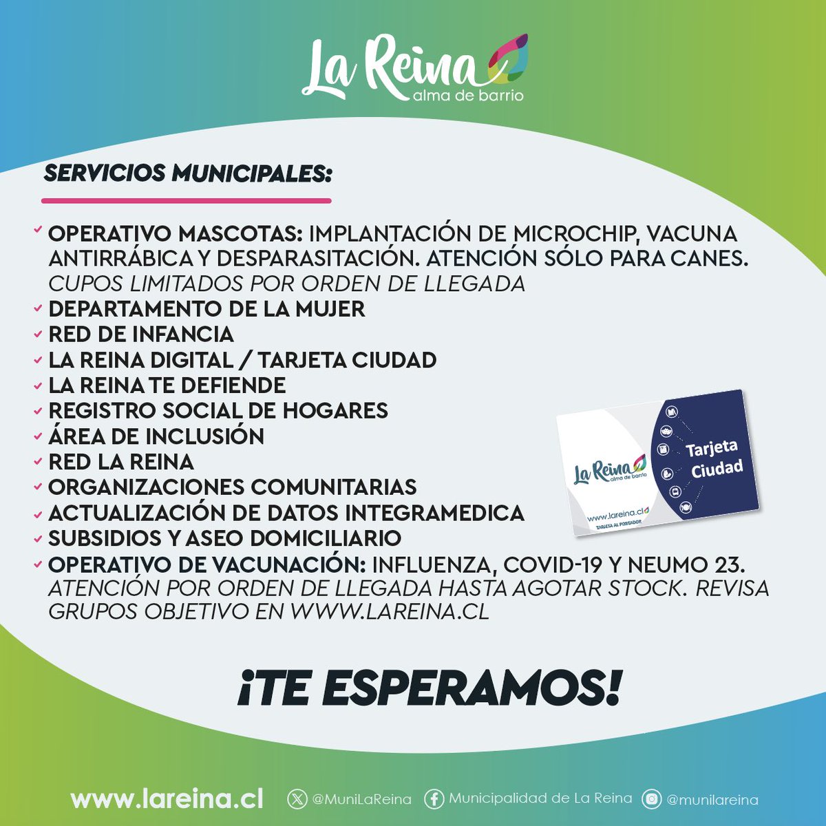 MUNICIPIO EN TU BARRIO ✅ 

La Junta Vecinal 12 será escenario este sábado de un nuevo “Municipio en tu Barrio”. 
 
Dispondremos de una amplia variedad de beneficios y servicios municipales, siempre pensando en tu bienestar y calidad de vida ¡Conócelos y participa! 👍🏻