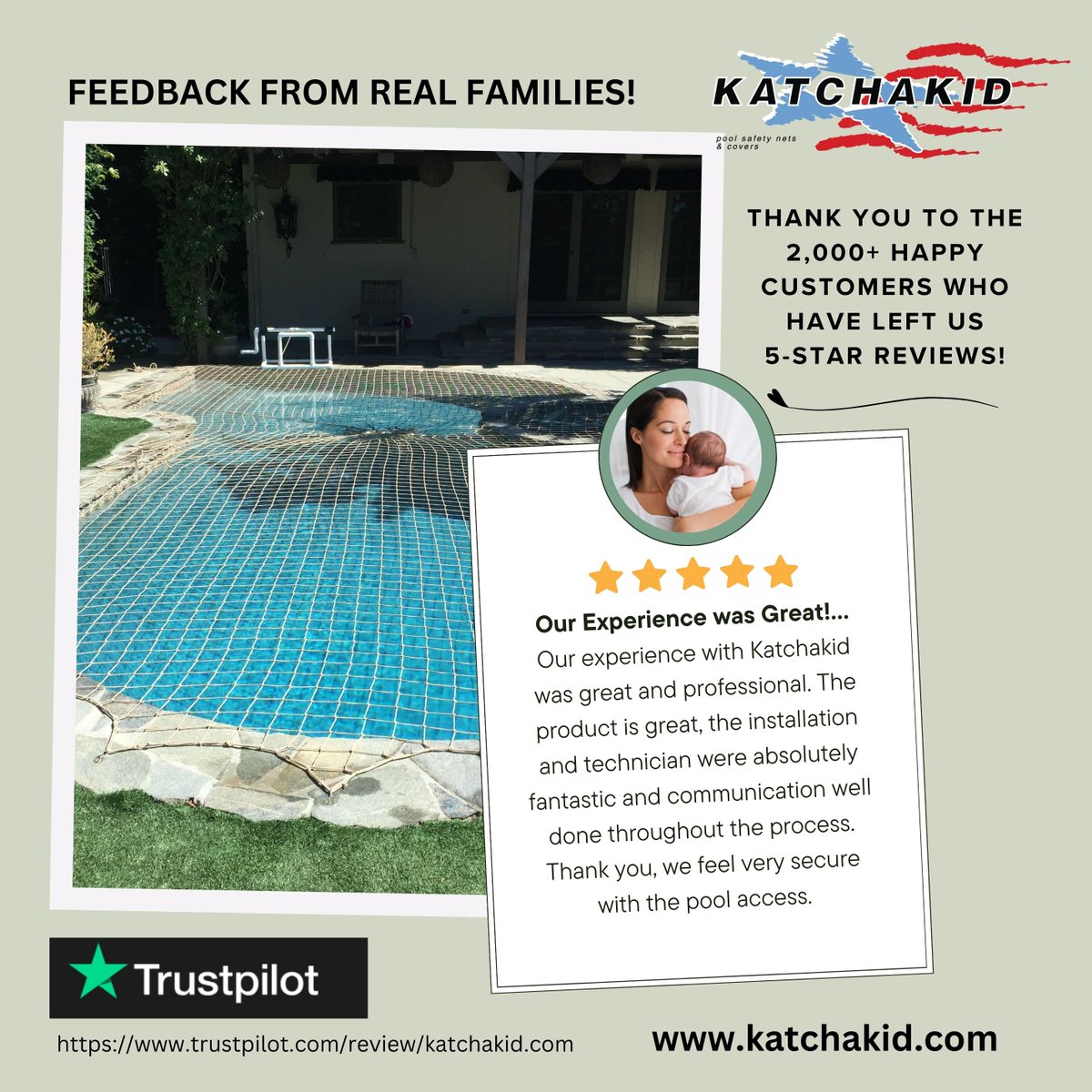 Thank you to the 2,000+ happy customers who have left us 5-star reviews! Your feedback fuels our commitment to providing the best pool safety nets. Here's to making every pool a safe place! 🌊 #KatchaKidinc #PoolSafety