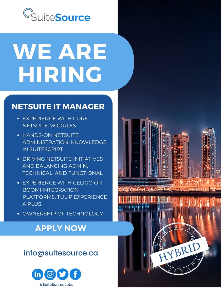 Our Client is looking for an experienced #NetSuite It Manager to join their team in this #Hybrid opportunity in #Montreal. Apply by email or visiting our career portal: ow.ly/Ewp850RxxnA? #SuiteSourceJobs #Hiring #Apply #Applynow #Opportunity