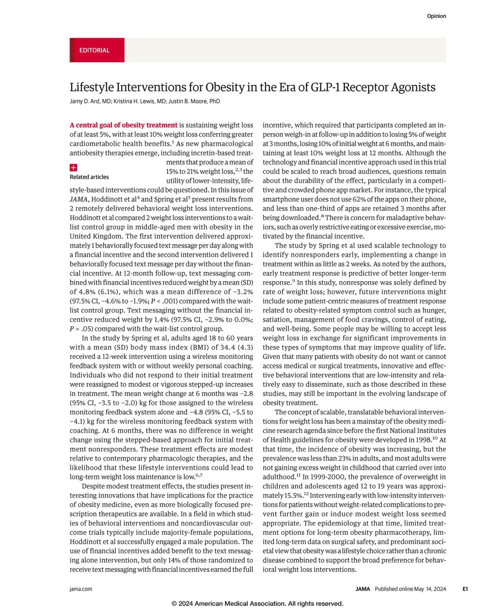 🔴Editorial: Lifestyle Interventions for Obesity in the Era of GLP-1 Receptor Agonists ja.ma/44L7M74 #ECO2024 #medtwitterWhat #MedTwitter #CardioEd #medx #medEd #CardioTwitter #cardiotwitter #MedX #MedEd #cardiology #cardiotwiteros #FOAMed #medicine #cardiox #medical