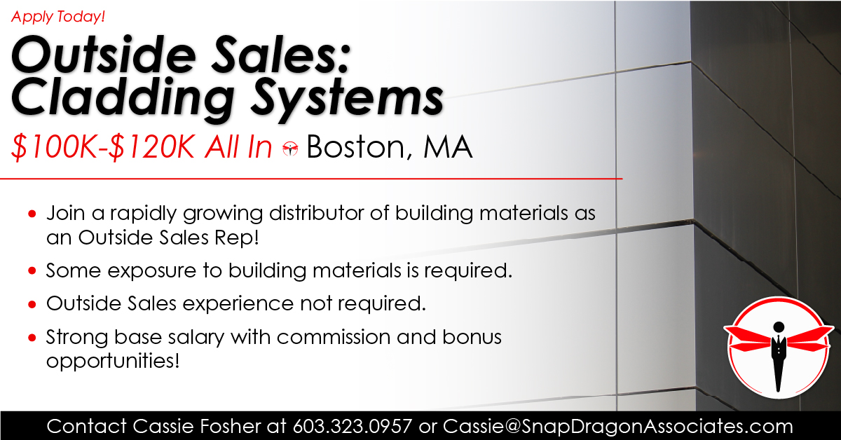 🚨 New Outside Sales role in the Boston, MA market for a distributor!

Apply here snapdragonassociates.com/job/outside-sa… or reach out to Cassie Fosher!

#SnapDragonJobs #buildingmaterials #hiring #werehiring #outsidesales #salesjobs #cladding #MAjobs #BostonMA