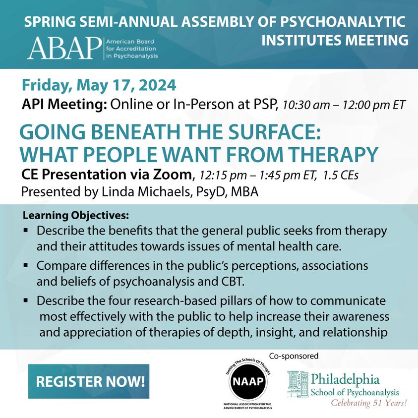 Join us this Friday, May 17th! Learn more and register today! abapinc.org/registration/
Co-sponsored by #NAAP

abapinc.org/registration/

#abapinc #ProfessionalDevelopment #CareerGrowth #NetworkingEvent #Psychodynamic #Psychoanalysis #PsychoanalyticInstitutes