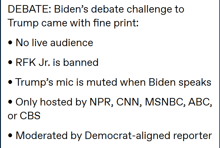 No surprise, really. But it's going to take a lot more than this to keep Biden from looking like a fool. I don't care how much Adderall they give him. I'm sure they'll be more dirty tricks though, especially since the first debate is going to be on State TV CNN.