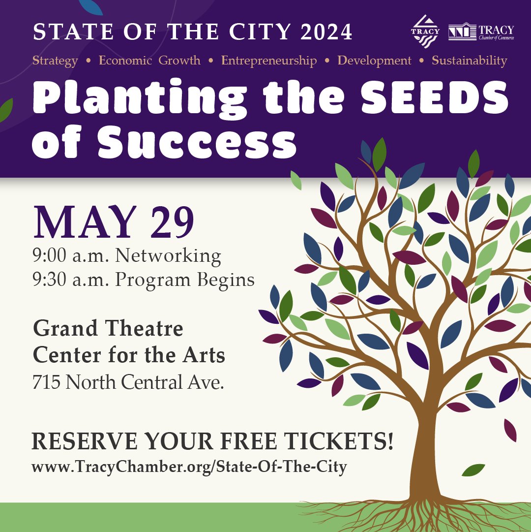 The @TracyChamber223, in partnership with the City of Tracy, is proud to present the annual State of the City event on Wednesday, May 29, 2024. The event will take place @AtTheGrand_, beginning with networking at 9:00 a.m., then presentations at 9:30 a.m. This year’s theme is: