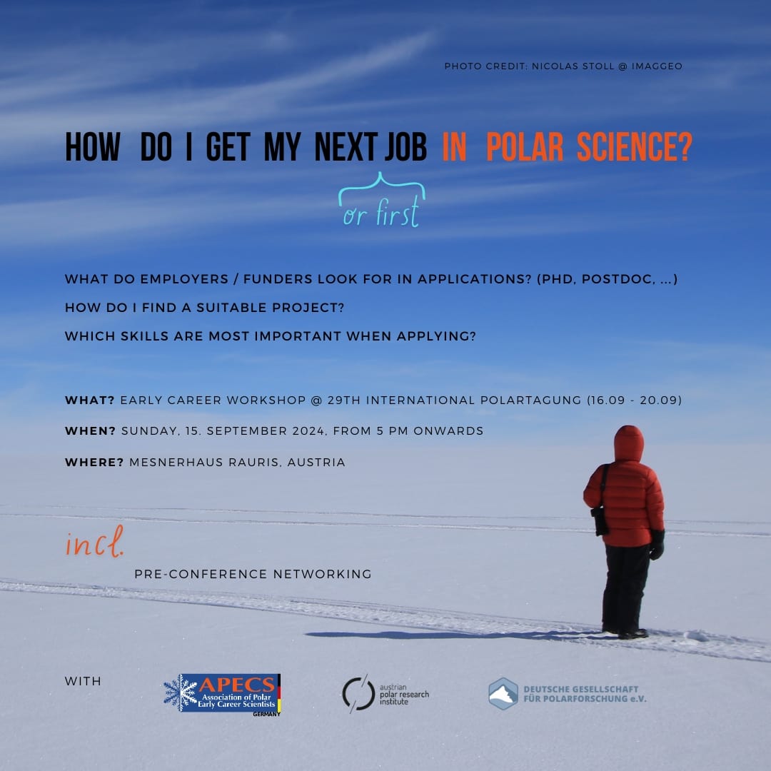 Mark your calendars!📢

APECS Germany and the Early Career Scientists (#ECS) of APRI are organising a workshop for ECS to kick-off the International Polar Conference in September in Rauris, Austria!🚀 
🗓️: 15.09. 5PM
 <a href="/apecs_germany/">APECS Germany</a> <a href="/Polar_Research/">APECS</a>
@Polarforschung 

#polarscience