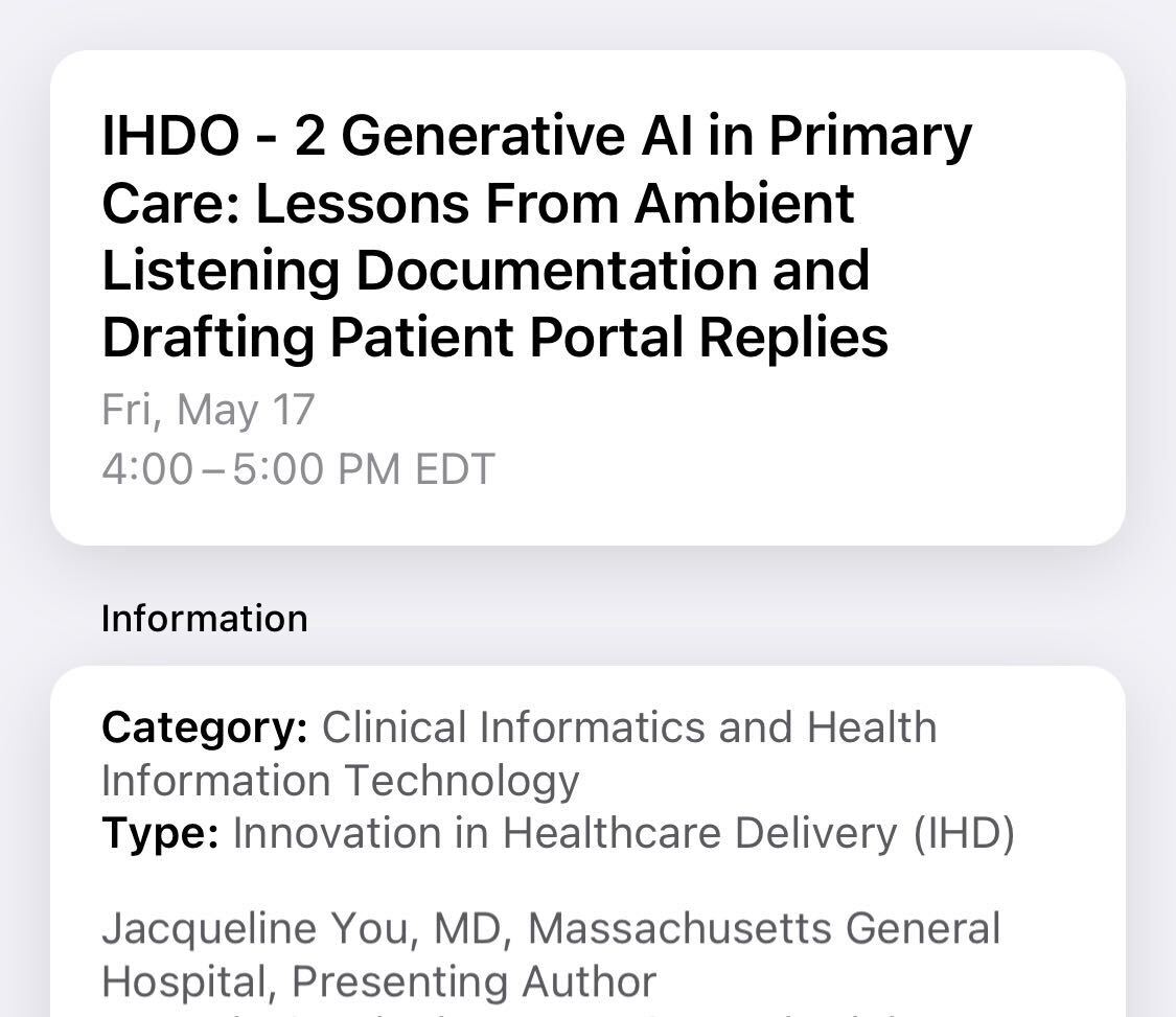 Center for Physician Experience (@cpe2_) on Twitter photo At #SGIM2024 ? Check out Dr. Jacqueline You's presentation on generative AI in primary care at 4 pm EST today in Rm Back Bay C!
Work supported by <a href="/CPE2_/">Center for Physician Experience</a> . At #SGIM2024 ? Check out Dr. Jacqueline You's presentation on generative AI in primary care at 4 pm EST today in Rm Back Bay C!
Work supported by <a href="/CPE2_/">Center for Physician Experience</a> .