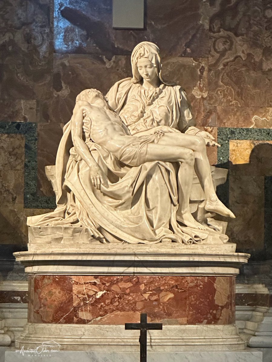 Michelangelo. La Pietà. 1498-99 from Marble. 

It is behind a thick piece of bulletproof glass because a madman attacked it in the 1970s. It affects the photography, but it has an essence that radiates to the viewer. You understand that this is not the ordinary. I remember just