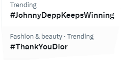 Trending here in the UK on 15 May at 9.05pm. #JohnnyDeppKeepsWinning #ThankYouDior