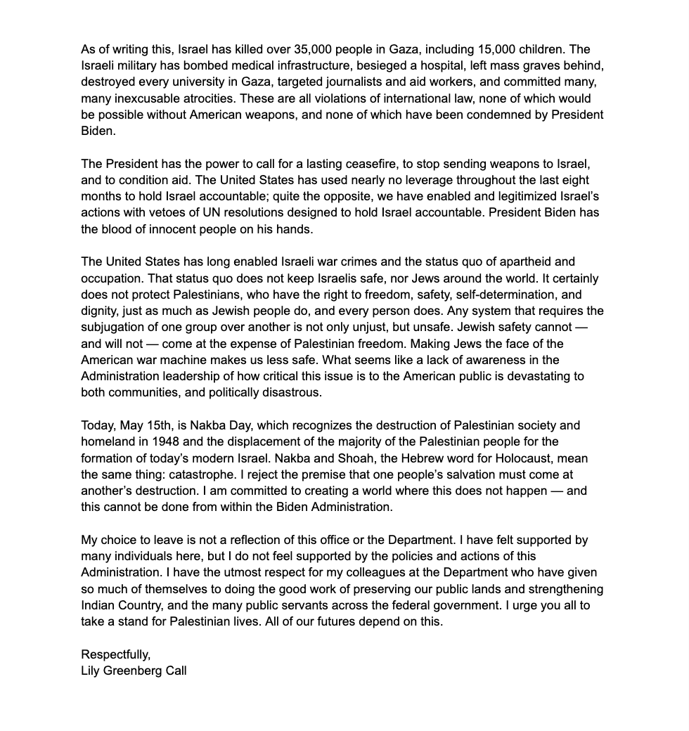 'I reject the premise that one people's salvation must come at another's destruction. I am committed to creating a world where this does not happen—and this cannot be done from within the Biden Administration.'