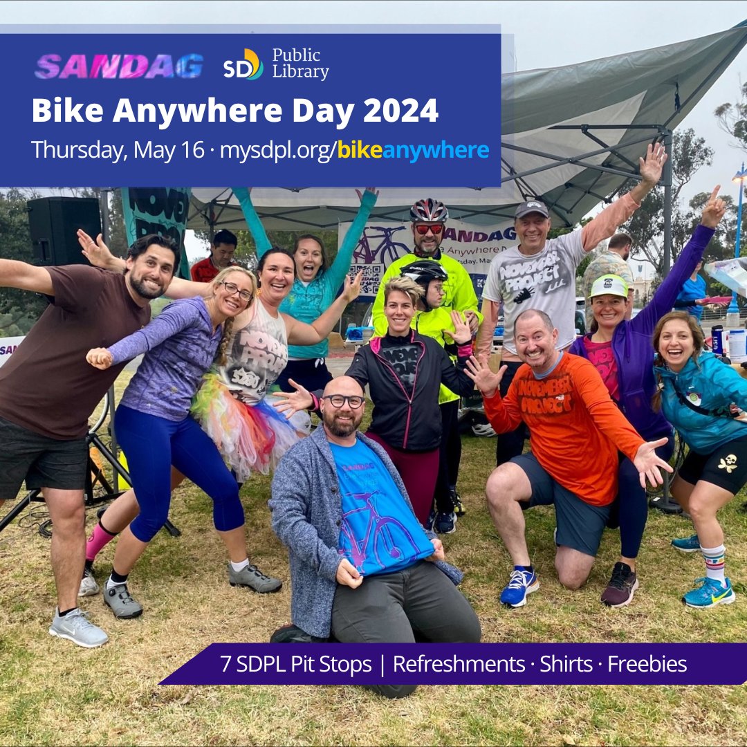Tomorrow, May 16 is @SANDAG #BikeAnywhereDay! Whether you are going to work, school, the beach, or… anywhere, this day is for you. 🚲️ Swing by one of our 7 SDPL pit stops in the morning for photo-ops, refreshments, and giveaways, while supplies last! mysdpl.org/bikeanywhere