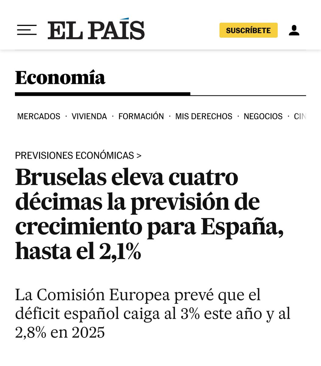 A España le sienta bien que gobierne @sanchezcastejon ✅Lideramos el crecimiento de Europa en 2024 y 2025 ✅La Comisión Europea revisa al alza del 1,7% al 2,1% el PIB ✅Crecemos 3 veces más que la zona euro ✅Reducimos el déficit y la deuda demostrando responsabilidad fiscal