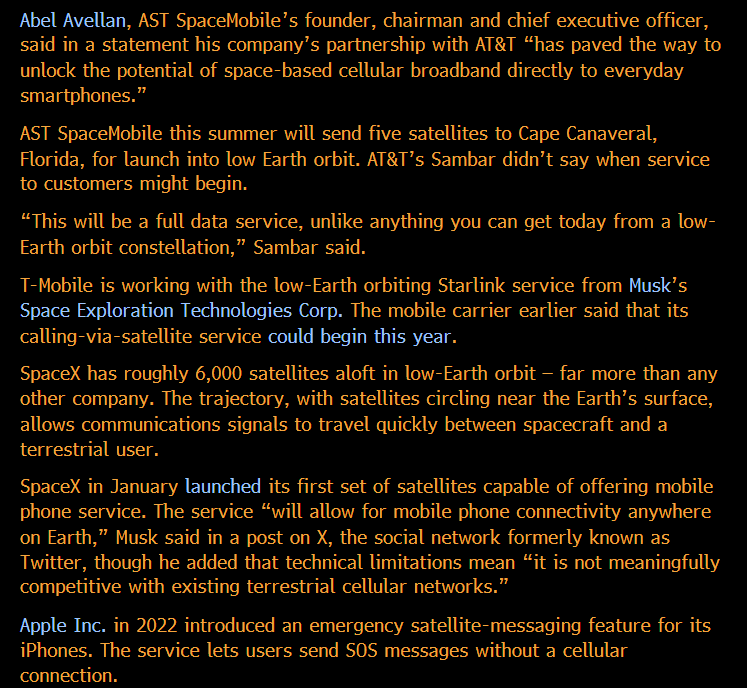 $ASTS: Bloomberg out with story on AT&T commercial agmt 'AT&T Strikes Space Broadband Deal in Challenge to Musk's SpaceX'