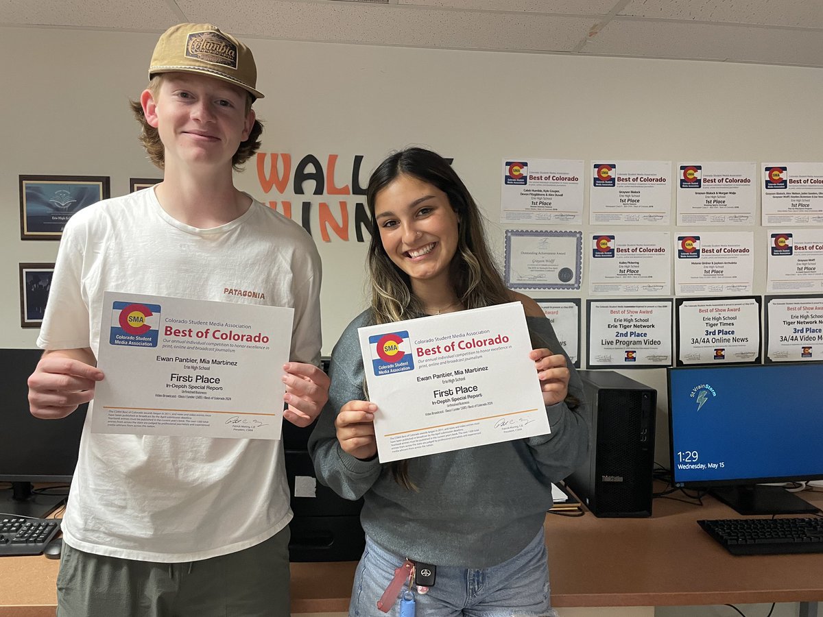 ErieTigerMedia's tweet image. A couple of more Awards!

Mia Martinez and Ewan Pantier won first place in the state for in-depth special report for their Unfinished Business Documentary.

Mia Martinez and Kaeleigh Killian won first place in the state for best commercial/PSA!