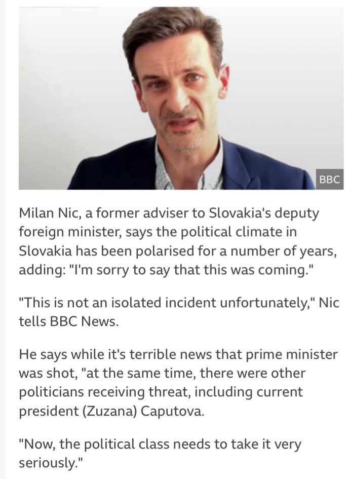 Terrible day for #Slovakia & its democracy! Will it lead to step-back back from the abyss? A by-product of a long period of political turmoil & hatred. I am sorry to say this was coming. My comments for @BBCWorld