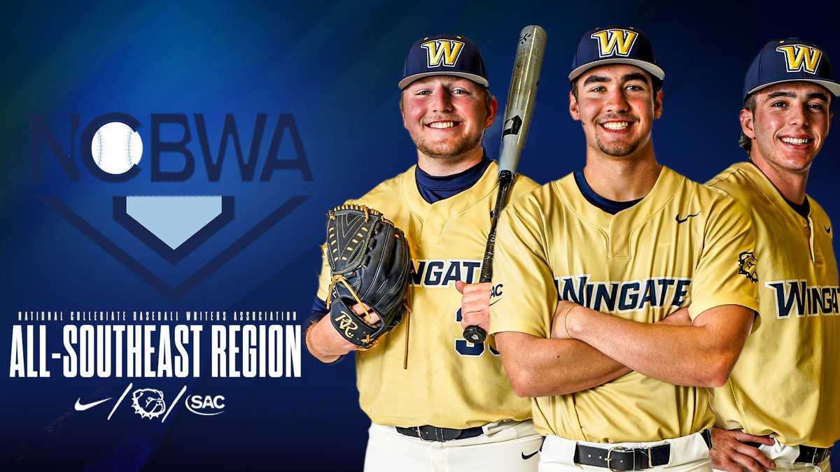 The SAC champs had 3 players earn <a href="/NCBWA/">NCBWA</a> All-Region accolades!

Sean Barnett &amp; Cam Harris are 1st Team honorees, with Brett Adams hauling in 2nd Team recognition!

Story | shorturl.at/pqFUZ

#OneDog | <a href="/WingateBaseball/">Wingate Baseball</a>