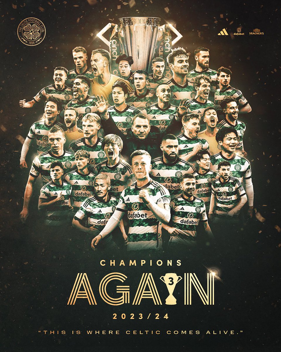 🏆 2021/22 🏆 2022/23 🆕 2023/24 #CelticFC are crowned Champions of Scotland AGAIN! 🍀🏆 Three-In-A-Row for Glasgow's Green & White - Congratulations to Brendan and the Bhoys! 👏