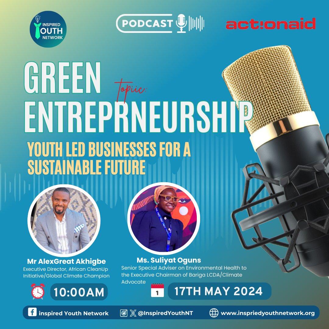 📢📢 Announcement! 

Our first podcast session comes up on Friday at 10 a.m.

Africa has the world's youngest population, with over 60% under the age of 25. 

Our speakers will be discussing #GreenEntrepreneurship, a platform for youth to unlock their potential.

#Youth4GreenEco