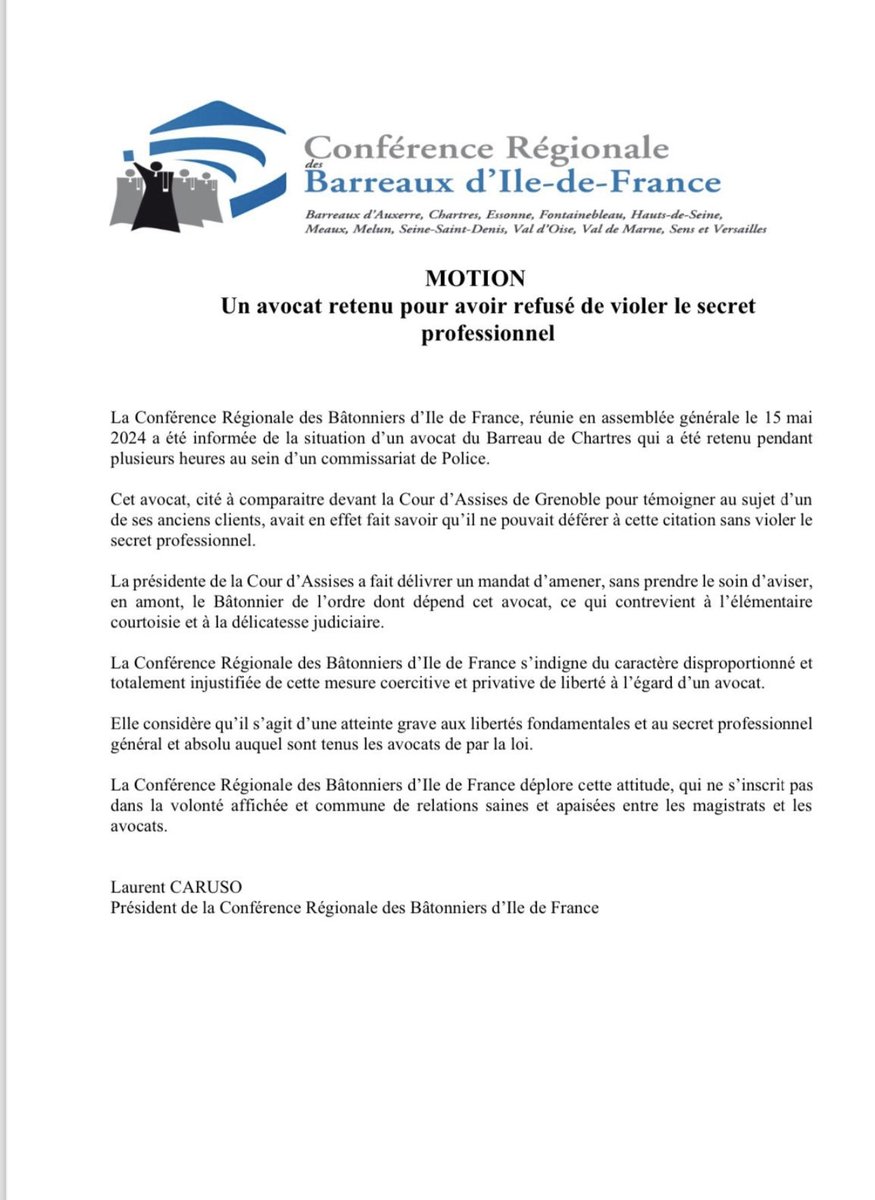 COBEST (@cobest_) on Twitter photo #chartres Insupportable mandat dâamener contre un avocat qui invoque Ă raison le secret professionnel. Câest le bĂątonnier quâon appelle, pas la police âŠ<a href="/CNBarreaux/">Conseil national des barreaux - les avocats</a>â© âŠ<a href="/Conf_Batonniers/">ConfĂ©renceBĂątonniers</a>â© #chartres Insupportable mandat dâamener contre un avocat qui invoque Ă raison le secret professionnel. Câest le bĂątonnier quâon appelle, pas la police âŠ<a href="/CNBarreaux/">Conseil national des barreaux - les avocats</a>â© âŠ<a href="/Conf_Batonniers/">ConfĂ©renceBĂątonniers</a>â©