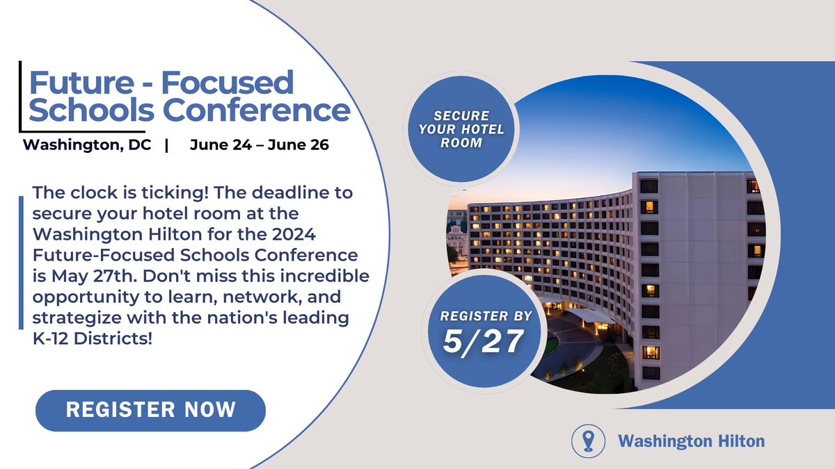 The clock is ticking! The deadline to secure your hotel room at the Washington Hilton for #FFSC24 is 5/27. Don't miss out on the chance to learn, network, & strategize with the nation's most innovative & successful #k12 districts. Register Here: bit.ly/3JLbx2C